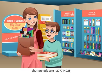 A Vector Illustration Of A Mother And Son Buying School Supplies In A Store