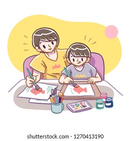 Vector illustration of mother and son drawing and painting art together