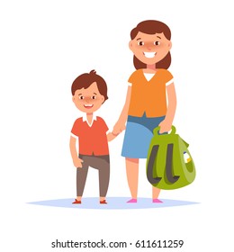 Vector illustration of mother and son elementary schoolboy go to school on white background flat cartoon style. Back to school concept