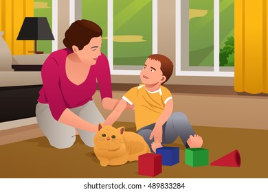 A vector illustration of Mother and Son Playing With a Cat at Home