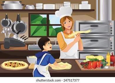 A vector illustration of mother and son preparing pizza dough together in the kitchen