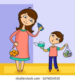 Vector illustration mother with son protecting health