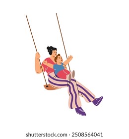 Vector illustration of a mother and son swinging on a swing. Happy family characters on isolated background. Concept of love, happiness and parenting. Flat Style.