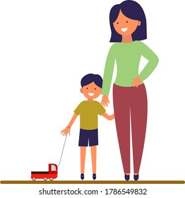 Vector illustration. Mother stands with her son. The boy is holding a typewriter on a string