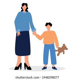 Ilustración vectorial. Madre con su hijo. El niño sostiene una máquina de escribir sobre un oso