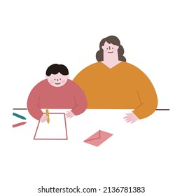 Vector Illustration Of A Mother Supporting A Boy Writing A Letter.