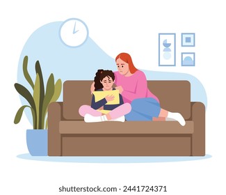 Ilustración vectorial de una madre apoyando a su hija disgustada. Escena de caricatura de una niña sentada abrazando una almohada en la habitación, alterada en el sofá y la madre consolándola aislada sobre un fondo blanco.