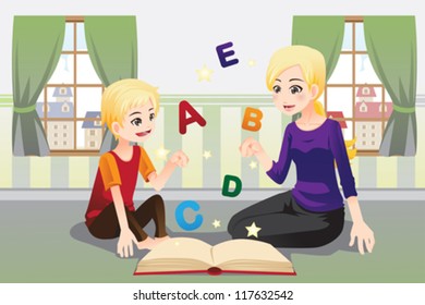 A vector illustration of a mother teaching her child about alphabet letters