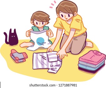 Vector illustration of mother teaching her little daughter to folding clothes together