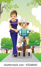 A vector illustration of a mother teaching her son how to ride a bike