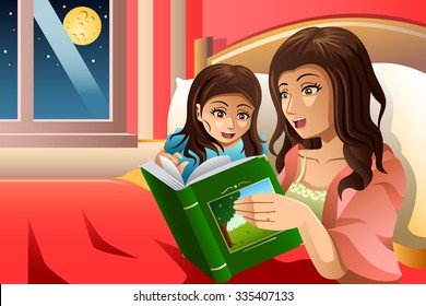 A Vector Illustration Of Mother Telling A Bedtime Story To Her Daughter