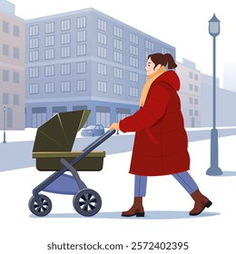 A vector illustration of a mother walking with a baby stroller on a snowy winter day in the city. The woman is dressed in a red coat, scarf, and boots, strolling along an urban street surrounded by