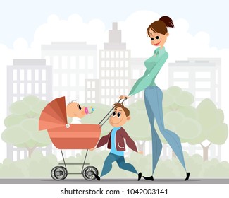 Vector illustration of a mother walking with children