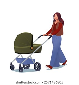 A vector illustration of a mother walking with a stroller, symbolizing modern motherhood and family life. The woman is dressed in casual, stylish clothing, holding the stroller as she moves forward