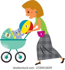 Una Ilustración vectorial de una madre caminando mientras empuja un carruaje de bebé que contiene un juguete de peluche y una pelota, ambos marcados con signos de dólar, que simbolizan la crianza de los hijos, el cuidado de los niños y las responsabilidades financieras de criar a un niño.