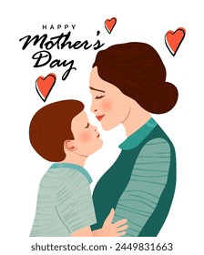 Vector Illustration of Mother wanting to kiss her Son. Happy Mother's Day Greeting Card.