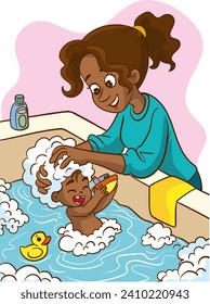 vector illustration of mother washing her little child in the bathroom