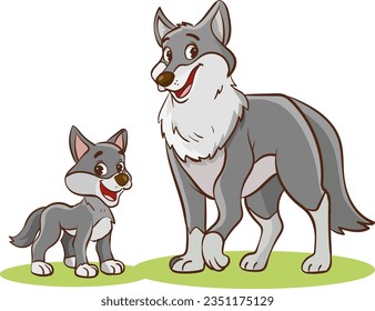 vector illustration of mother wolf and baby wolf