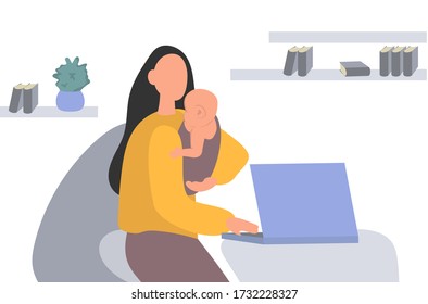 Ilustración vectorial de una madre que trabaja en una laptop mientras sostiene a un bebé