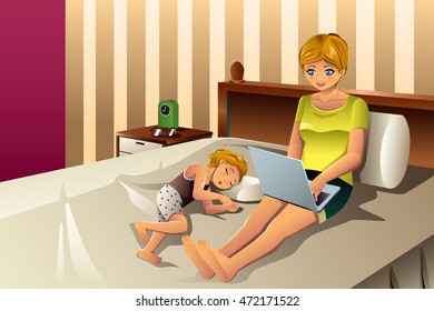 A vector illustration of mother working on laptop while watching her daughter sleeping