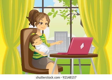 A vector illustration of a mother working on a laptop while holding a baby