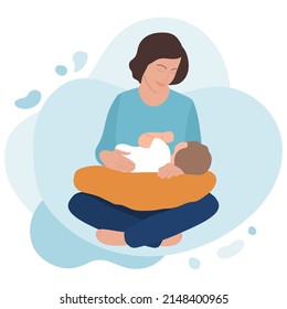 Vector illustration Motherhood, Baby care. Happy new mom holds her baby. Woman hugs infant. Mother's Day. Family. Maternity leave.