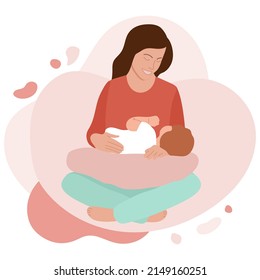 Ilustración vectorial Maternidad, cuidado del bebé. Feliz nueva madre sostiene a su bebé. La mujer abraza a un bebé. Día de la Madre. Familia. Licencia de maternidad.