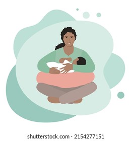 Vector illustration Motherhood, Baby care. Happy new mom holds her baby in her arms. Woman hugs infant. Mother's Day. Family