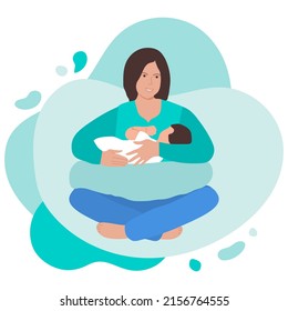 Vector illustration Motherhood, Baby care. Happy new mom holds her baby in her arms. Woman hugs infant. Mother's Day. Family