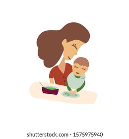 Vector illustration of motherhood. First feeding. Baby feeding. Mother and child