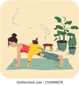 Vector illustration of motherhood funny side. A female is trying to do yoga and she thought-out everything but a curious child. The kid wants to climb   mothers back and do some strength training. 