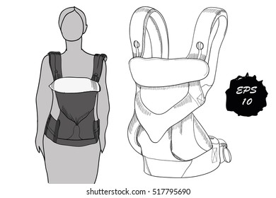 Vector illustration of mothers and  baby Carrier on white background. Doodle design.Template poster, scheme.