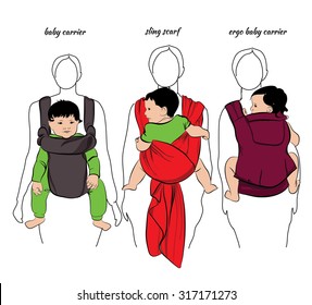 Vector illustration of mothers with children in a sling on white background. Template poster