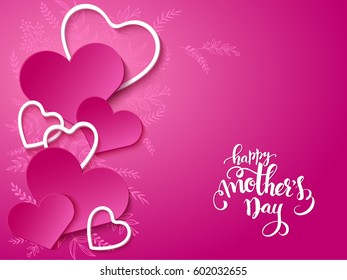 vector illustration of mothers day card with lettering, doodle branches and a lot of hearts.