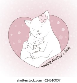 Vector illustration for mother's day. A cat and a kitten are hugging. Cute picture. Perfectly suitable for decoration of postcard, invitation, banner. Background of flowers.