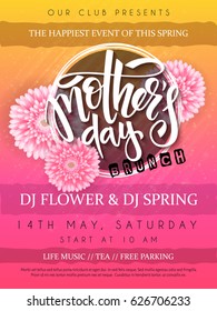 vector illustration of mothers day event poster with round frame, blooming chrysanthemum flowers hand lettering text - mother's day.