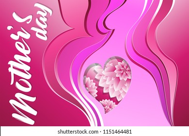 Vector Illustration for "Mother's Day" Greeting Card with abstract shapes of pregnant woman and the pink flowers in a form of heart