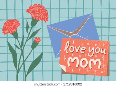 Vector illustration of mother's day greeting card and envelope with carnation flowers on desk