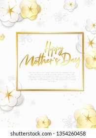 Vector illustration of mother's day greetings banner template with hand lettering label with paper spring apple flowers and hand lettering quote - happy mothers day.