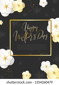 Vector illustration of mother's day greetings banner template with hand lettering label with paper spring apple flowers and hand lettering quote - happy mothers day.