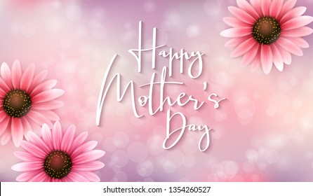 Vector illustration of mother's day greetings banner template with blooming gerbera flowers and hand lettering quote - happy mothers day on blur background.