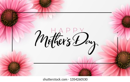 Vector illustration of mother's day greetings banner template with blooming gerbera flowers and hand lettering quote - happy mothers day.