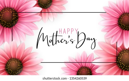 Vector illustration of mother's day greetings banner template with blooming gerbera flowers and hand lettering quote - happy mothers day.