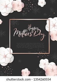 Vector illustration of mother's day greetings banner template with hand lettering label with paper spring apple flowers and hand lettering quote - happy mothers day.