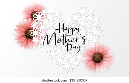 Vector illustration of mother's day greetings banner template with blooming gerbera flowers and hand lettering quote - happy mothers day.