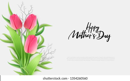 Vector illustration of mother's day greetings banner template with blooming tulip flowers, eucalyptus leaves and hand lettering quote - happy mothers day.