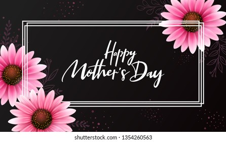 Vector illustration of mother's day greetings banner template with blooming gerbera flowers and hand lettering quote - happy mothers day.