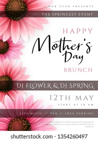 Vector illustration of mother's day invitation party poster template with realistic blooming gerbera flowers and custom hand lettering quote - happy mother's day.