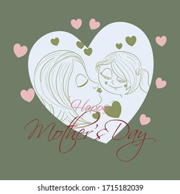 vector illustration for Mother's  Day, mother is kissing her cute little daughter in heart background 