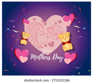 vector illustration for Mother's  Day, mother is kissing her cute little daughter in heart and teddy background 